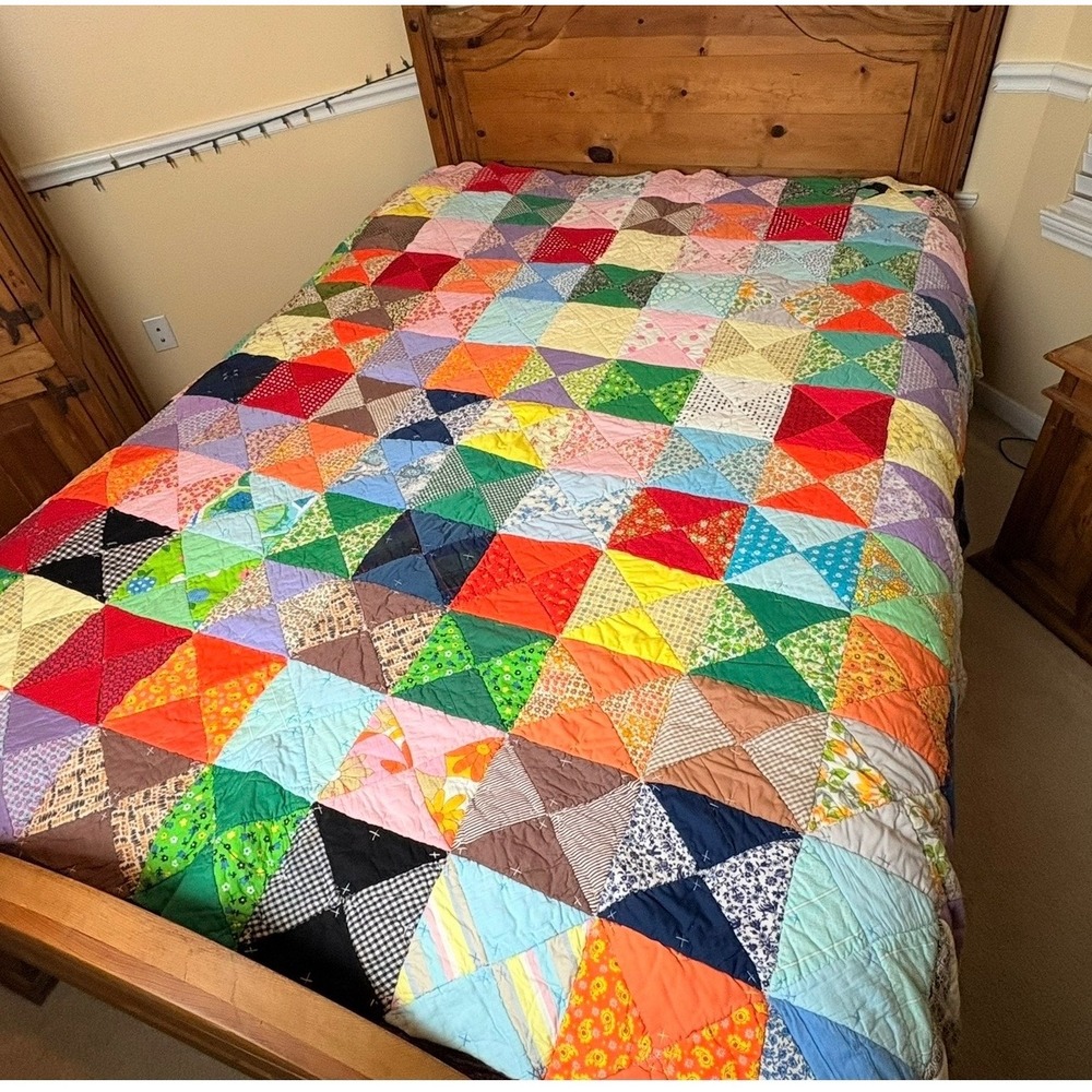 Vintage Handmade Patchwork Quilt Multi Color Triangle Scrap Fabric 70s Boho